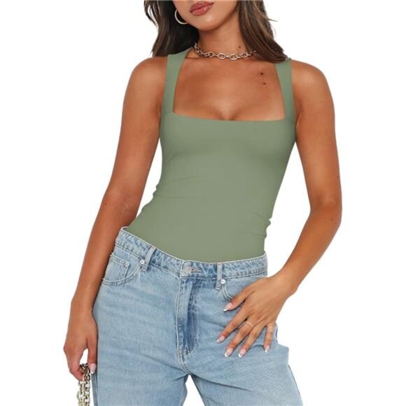 Women’s Sexy Sleeveless Square Neck Bodysuit Green - Picture 2 of 5